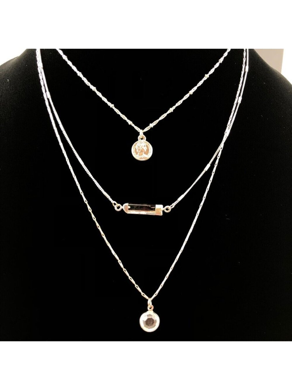 LC Lauren Conrad Necklace Silver Tone Triple Pendant Layered Coin Crystals